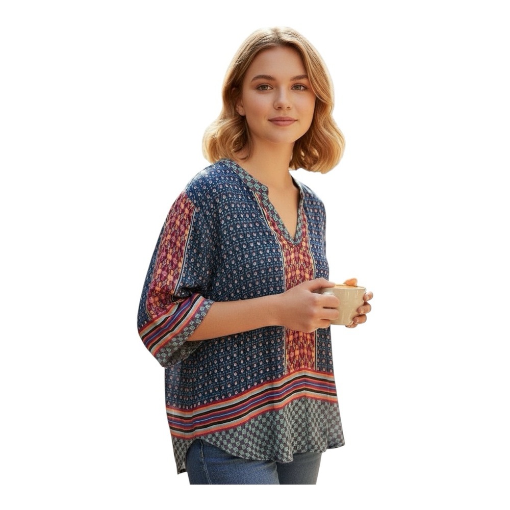 Tribal Boho Mixed Print Split Neck Tunic Blouse